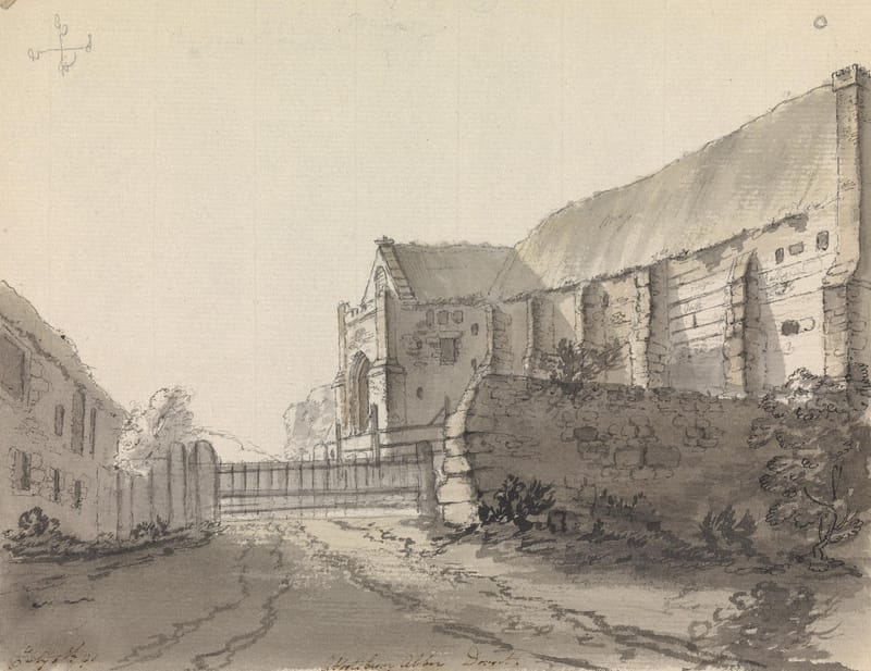 A grey wash drawing of the old abbey buildings and barn at Abbotsbury beside a lane.