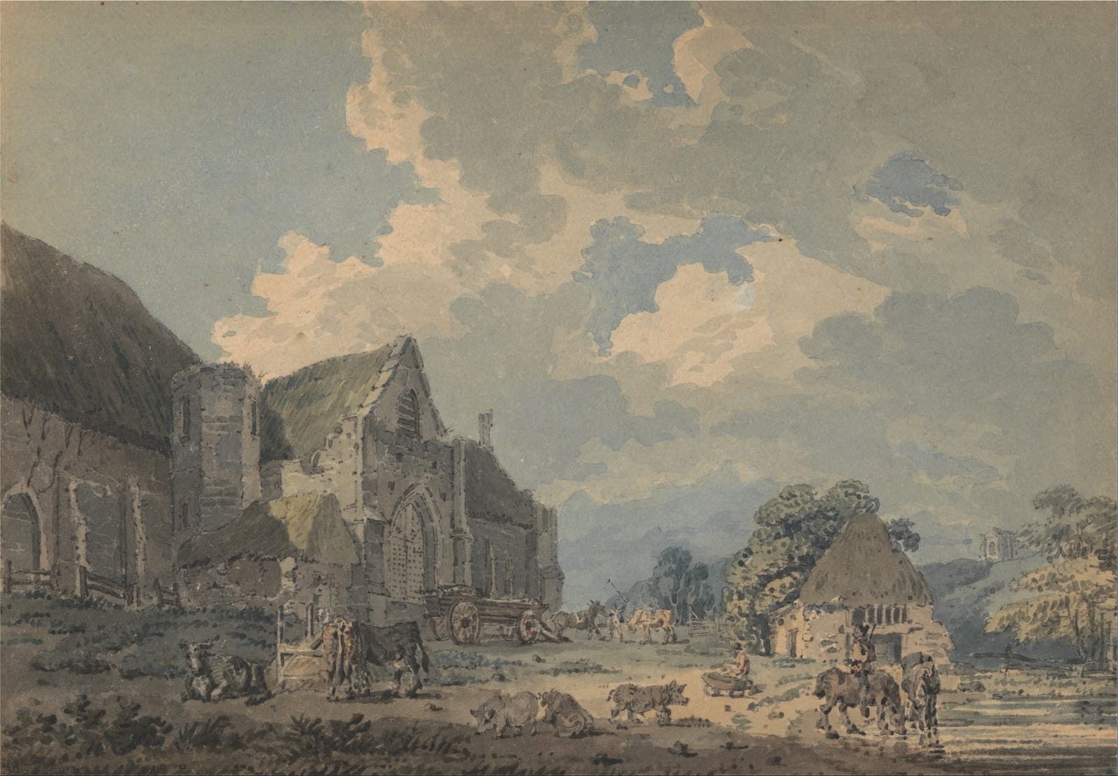 The long tithe barn and old buildings of Abbotsbury under a blue and white sky, with cattle and people in the lane.