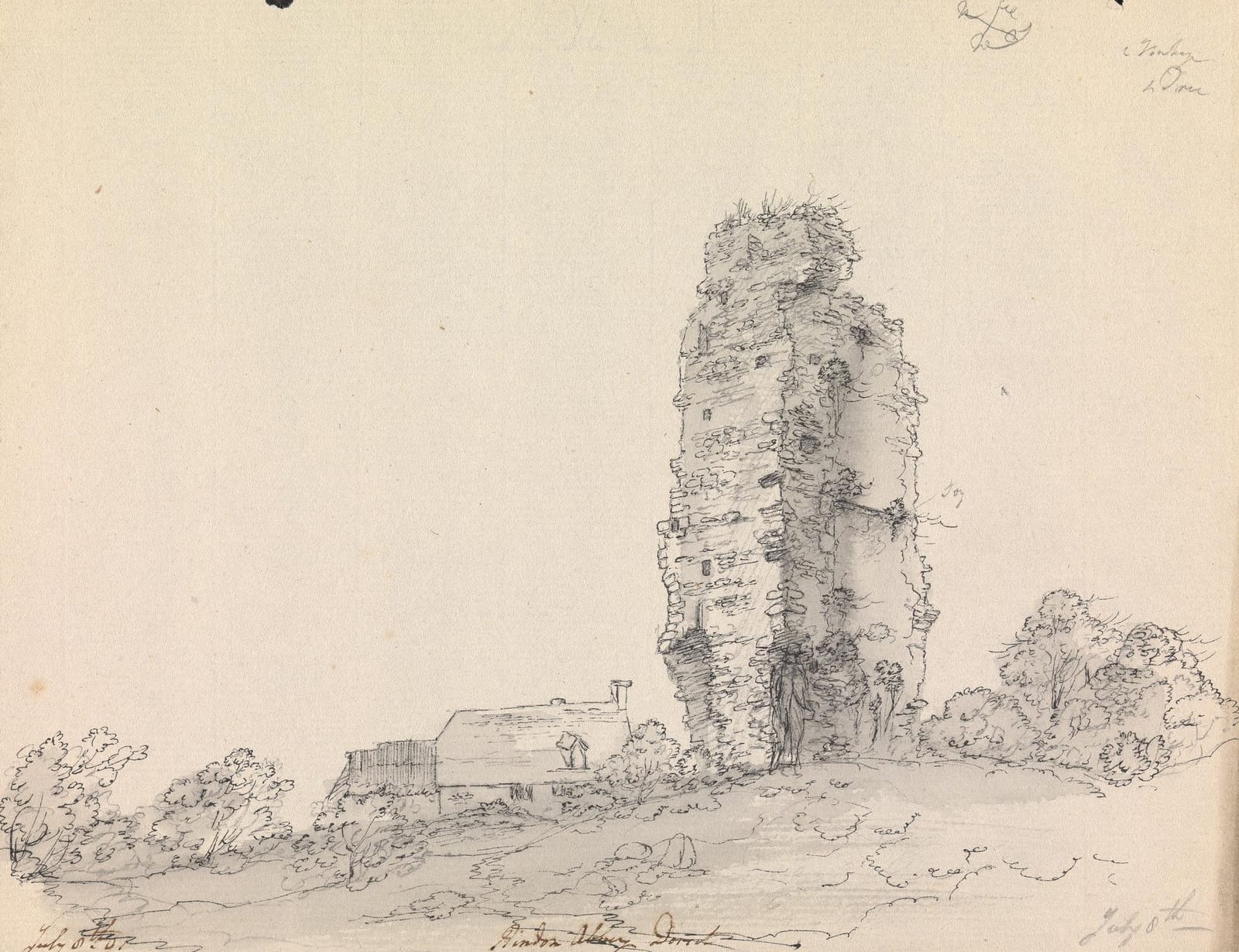A pencil drawing of a tall ruined wall standing alone among low buildings and trees.