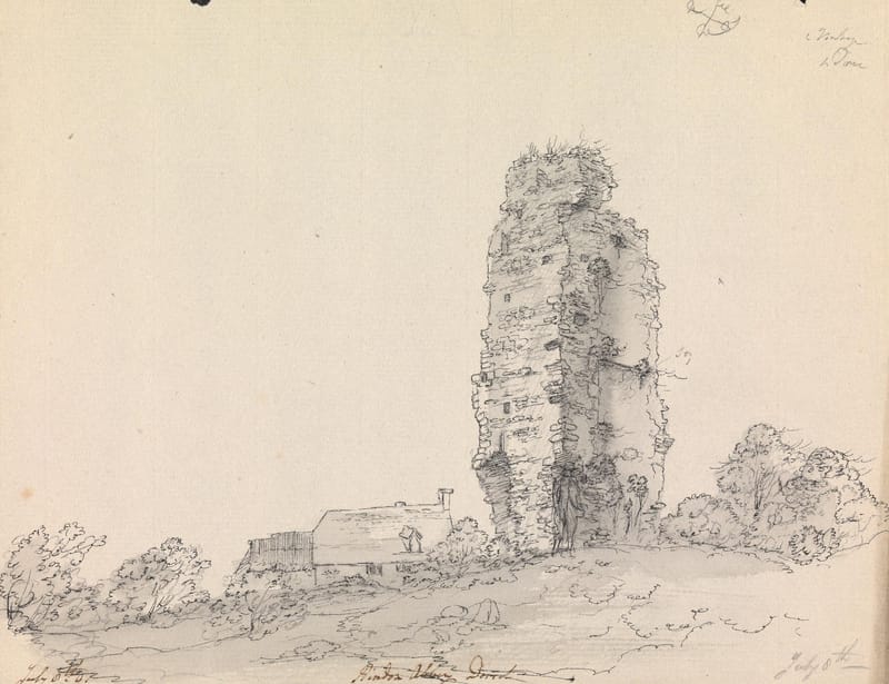 A pencil drawing of a tall ruined wall standing alone among low buildings and trees.