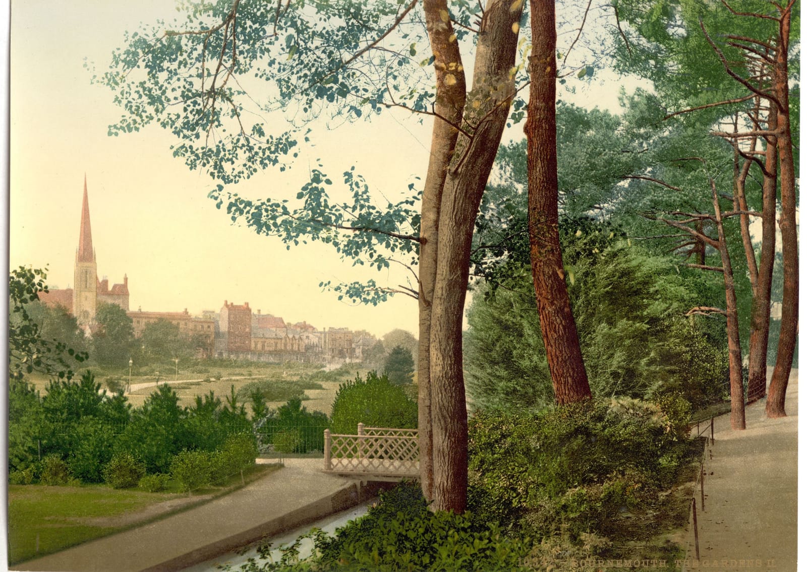 A path through pines and lawns looking down over the town to a church spire.