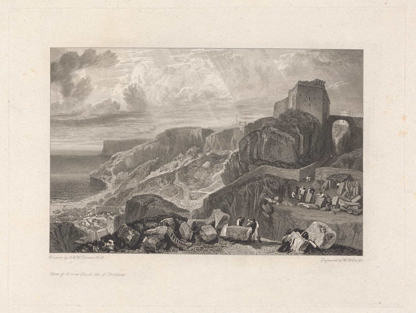 An engraving of a ruined castle on a rocky slope above the sea, with quarrymen among fallen stone.