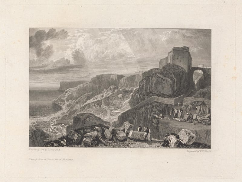 An engraving of a ruined castle on a rocky slope above the sea, with quarrymen among fallen stone.