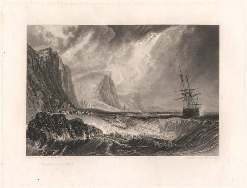 An engraving of a ship in a rough sea off tall cliffs, with a sailing boat close by.