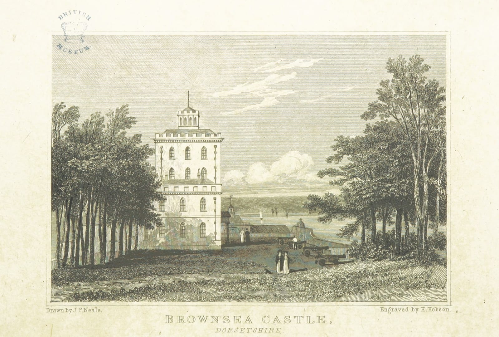 An engraving of Brownsea Castle, a tall white tower among trees on the island.