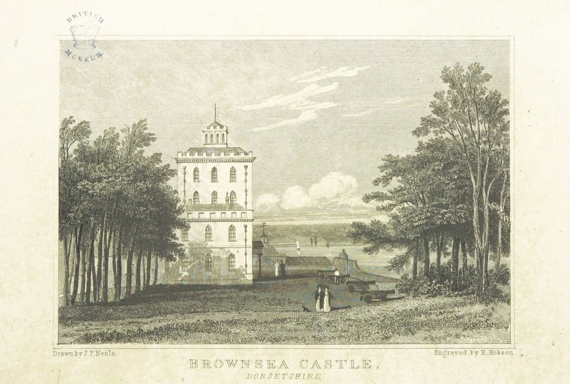An engraving of Brownsea Castle, a tall white tower among trees on the island.