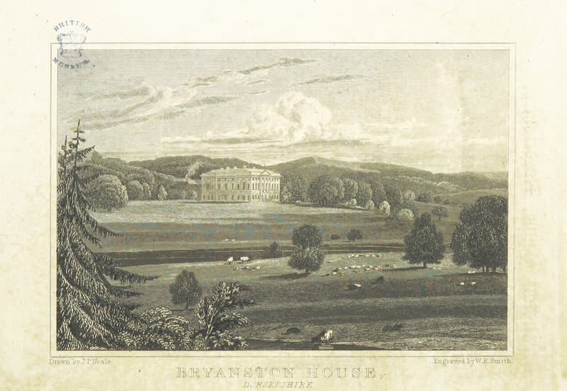 An engraving of a large house seen across open parkland with cattle.