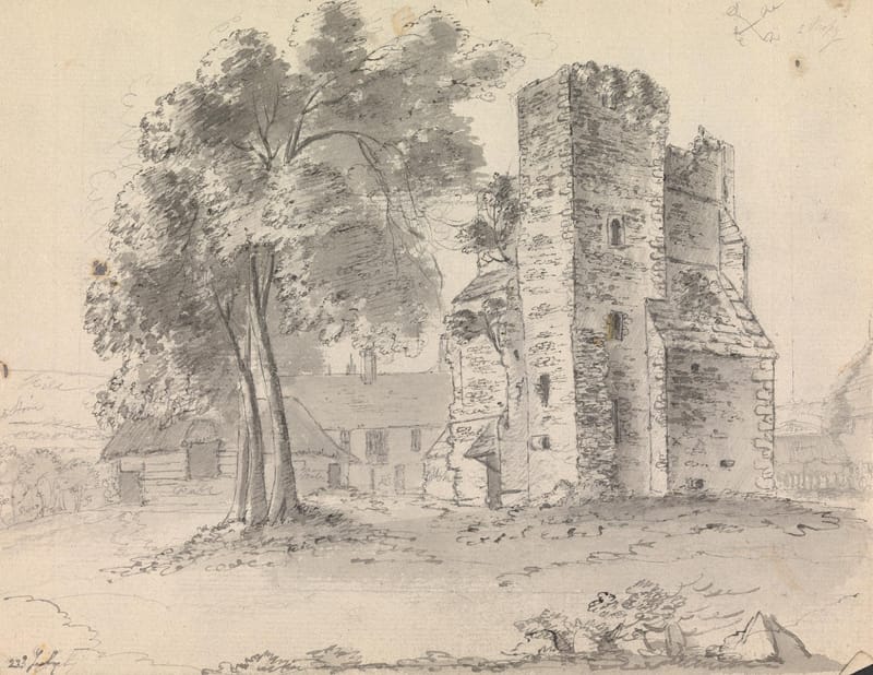 A grey wash drawing of the abbey gatehouse at Cerne behind a large tree.