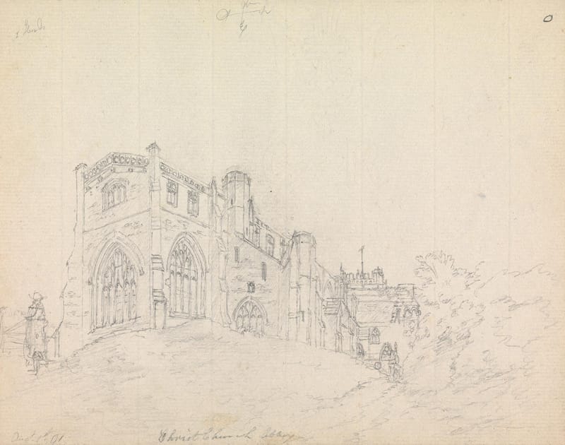 A pencil drawing of the ruined arches and west end of the priory at Christchurch.