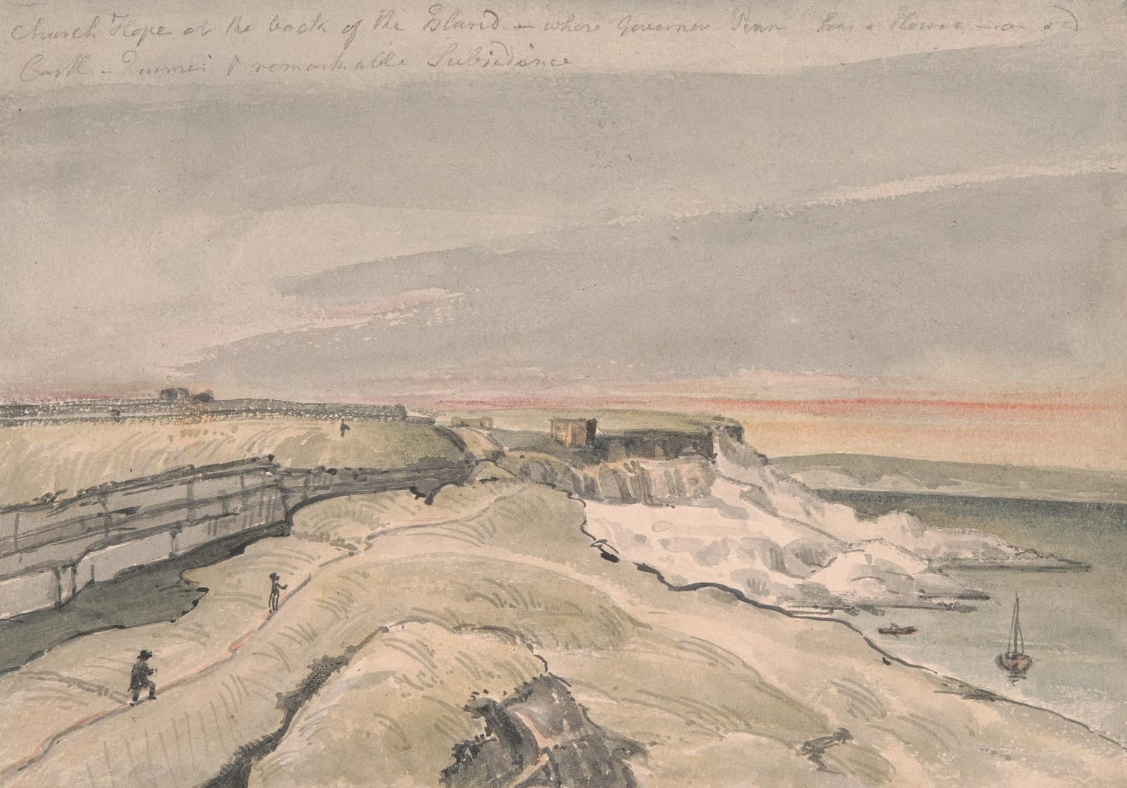 A wide pale view along the Portland shore at dusk, with broken white rocks, a few figures and a pink sky.