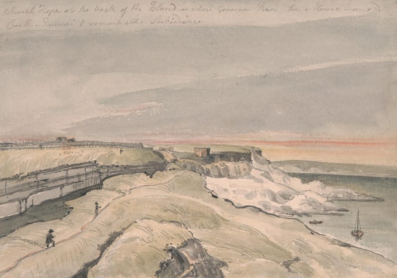 A wide pale view along the Portland shore at dusk, with broken white rocks, a few figures and a pink sky.