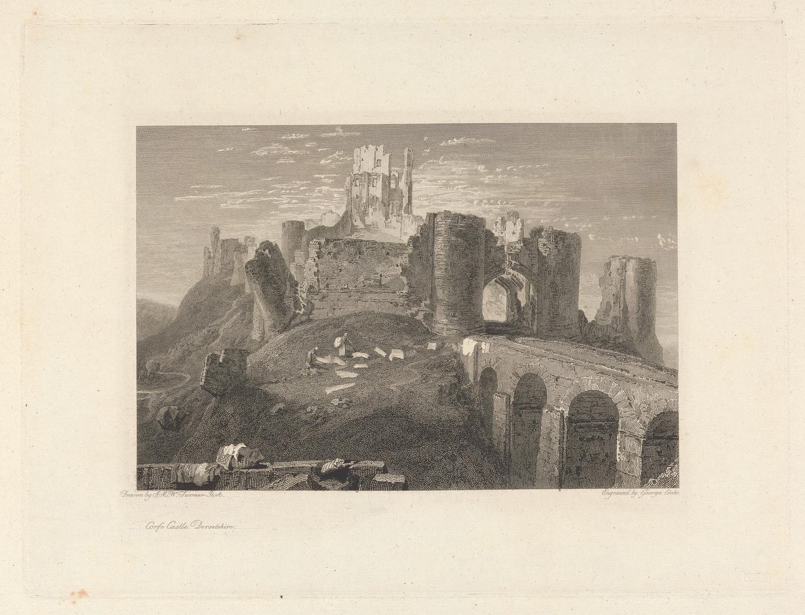 An engraving of the broken walls and bridge of Corfe Castle, with cattle below.