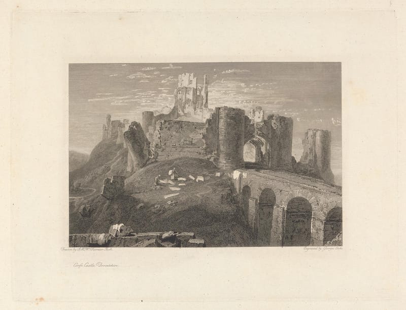An engraving of the broken walls and bridge of Corfe Castle, with cattle below.
