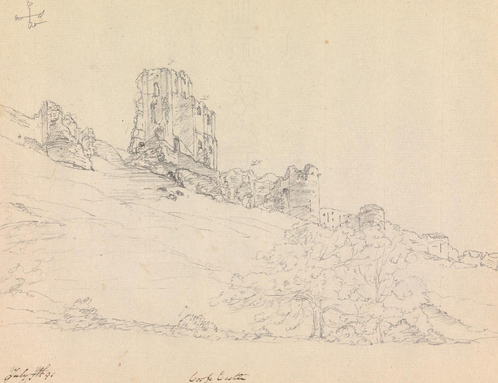 A pencil drawing of the ruined keep of Corfe Castle high on its slope.