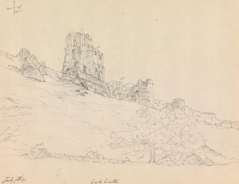 A pencil drawing of the ruined keep of Corfe Castle high on its slope.