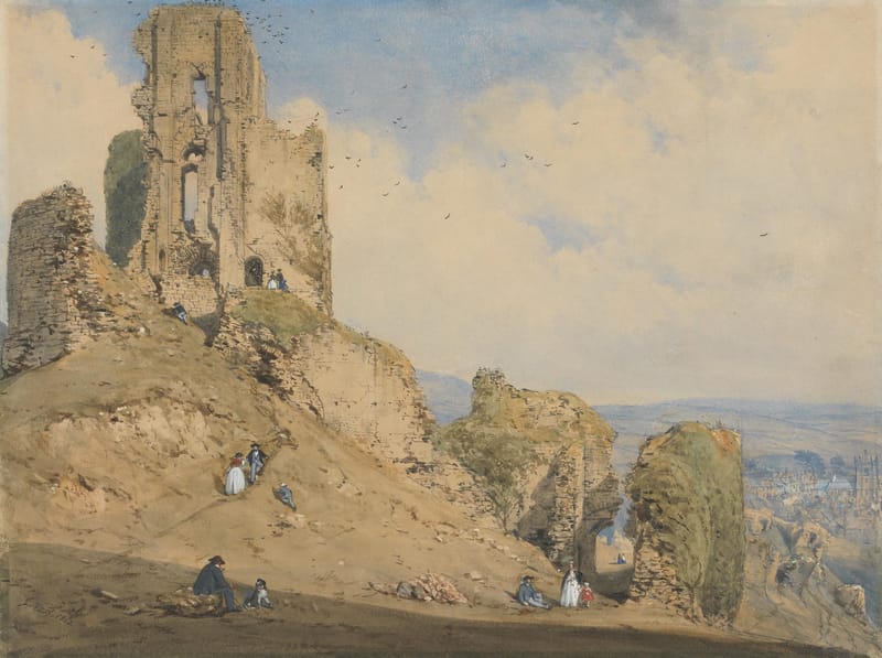 The ruined keep of Corfe Castle on a sunlit slope, with people resting in the grass and the valley opening out below.