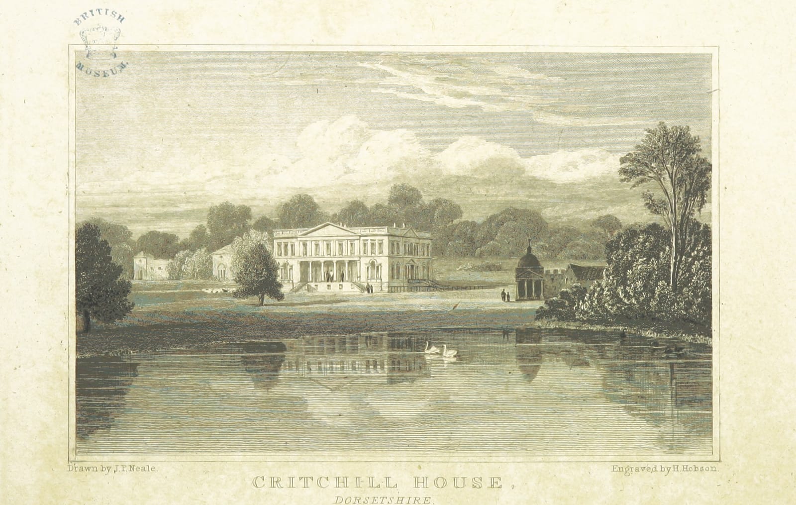 An engraving of a long house seen across a lake with swans.