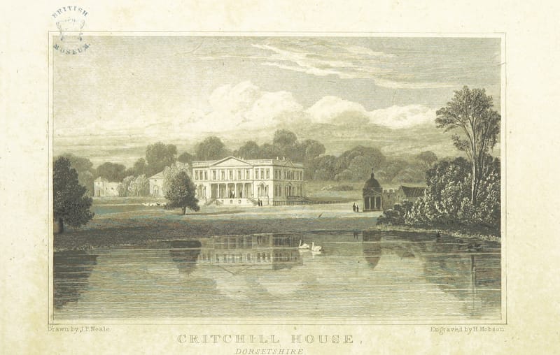 An engraving of a long house seen across a lake with swans.