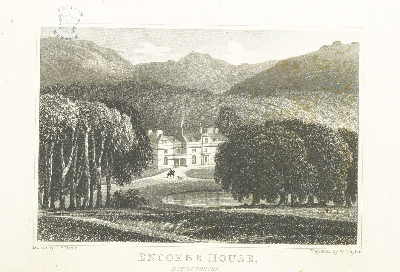 An engraving of a house in a deep wooded valley, with a lake in front.