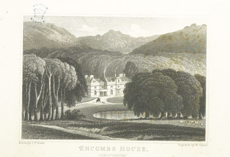An engraving of a house in a deep wooded valley, with a lake in front.