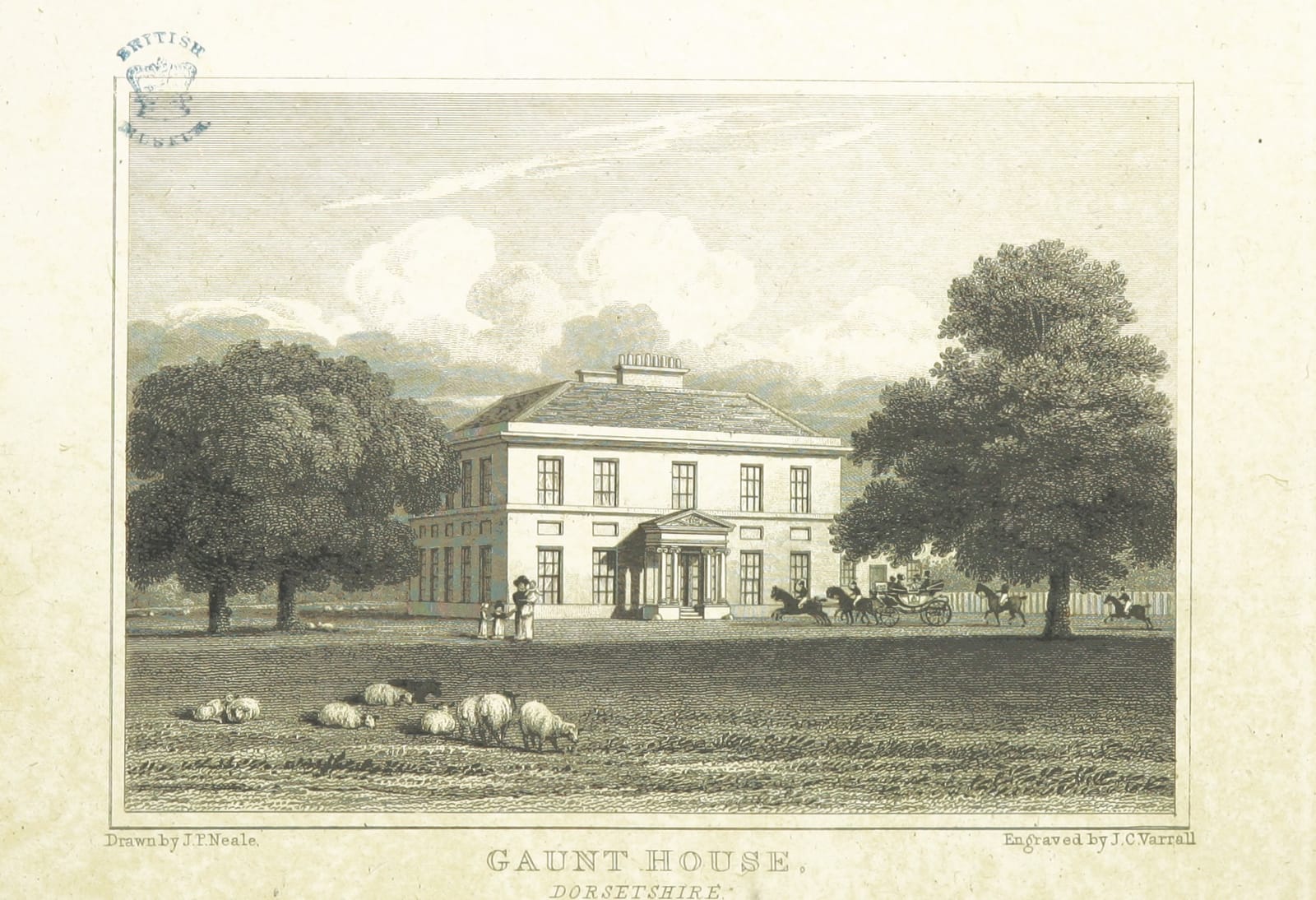 An engraving of a plain country house with a porch, trees and sheep on the lawn.