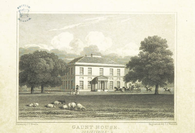 An engraving of a plain country house with a porch, trees and sheep on the lawn.