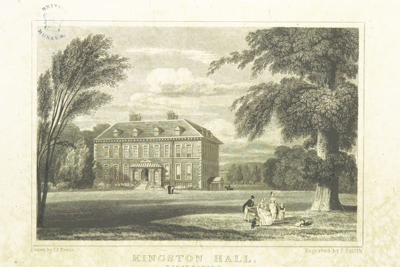 An engraving of a square house among trees, with people walking on the lawn.