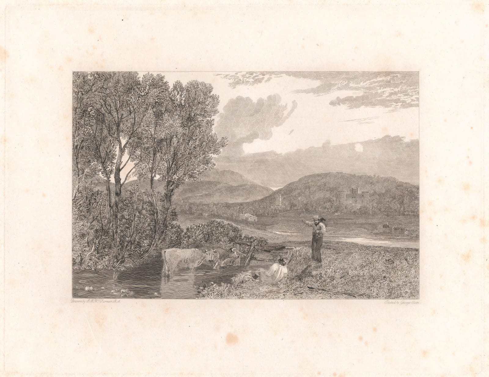 An engraving of a man and cattle by trees in the foreground, with Lulworth Castle on the hillside beyond.