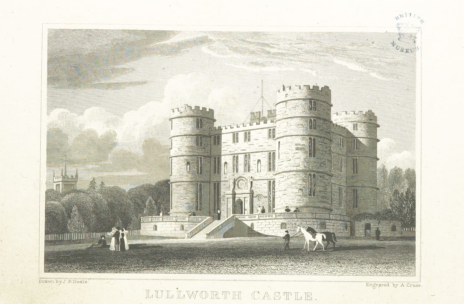 An engraving of the square castle with its four round towers, and people and a dog on the lawn.