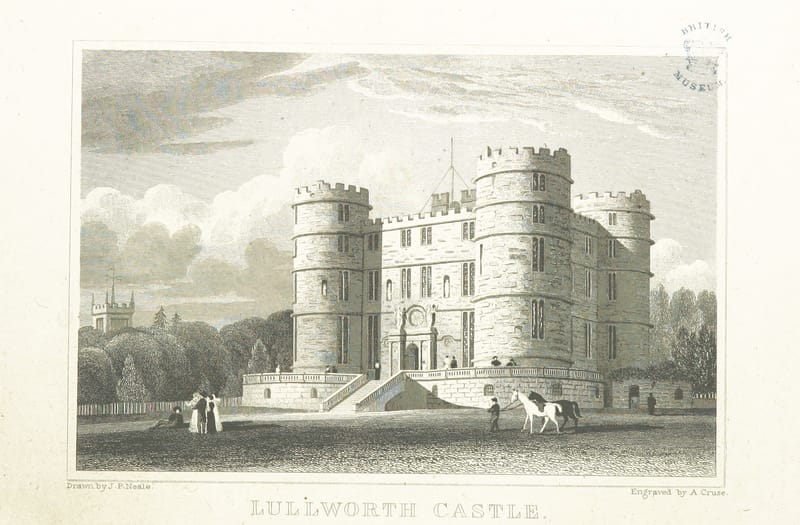 An engraving of the square castle with its four round towers, and people and a dog on the lawn.