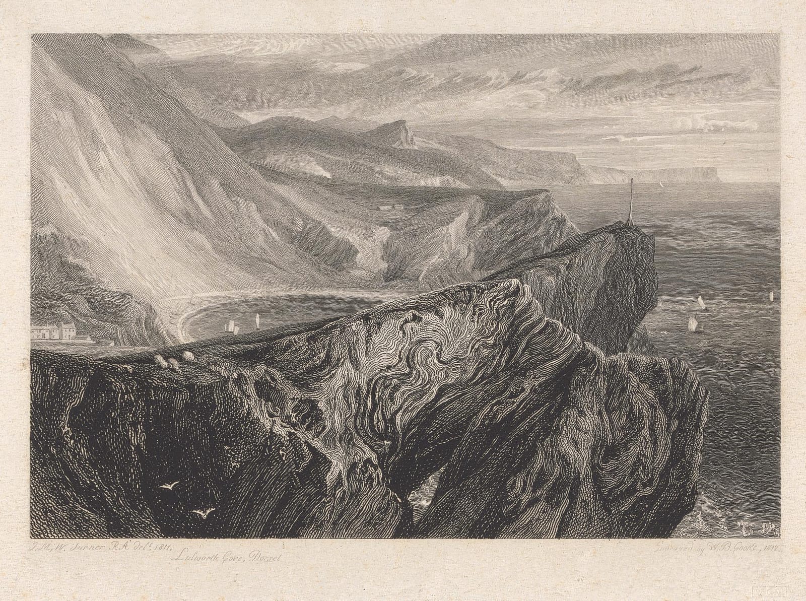 An engraving looking down on the round bay of Lulworth Cove from folded rocks, with light breaking over the cliffs.
