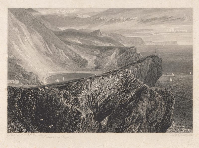 An engraving looking down on the round bay of Lulworth Cove from folded rocks, with light breaking over the cliffs.