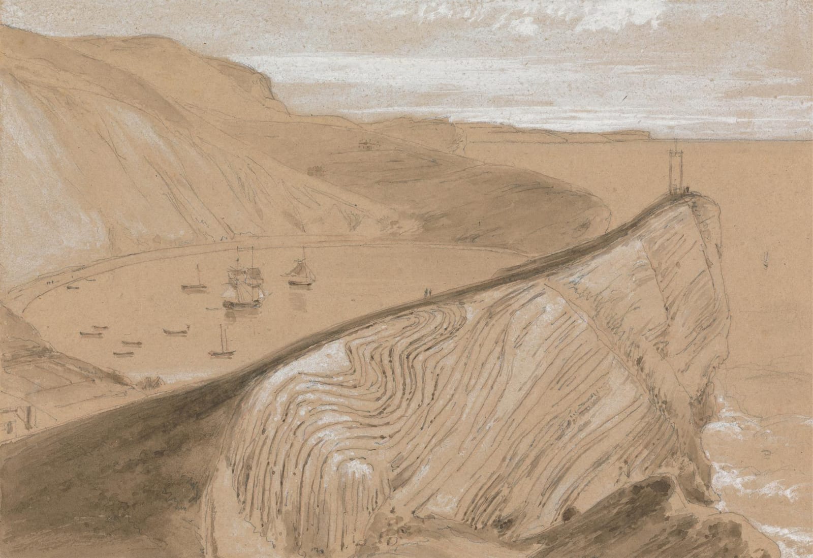 A brown wash drawing of Lulworth Cove from above, with ships in the bay and the folded rock of the headland in front.