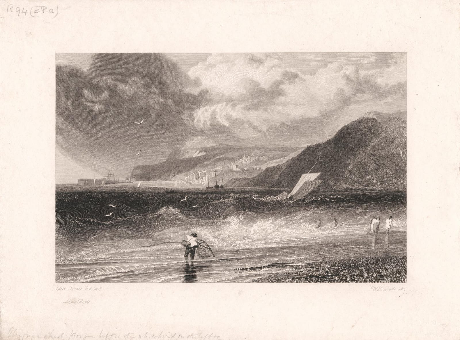 An engraving of waves rolling onto the beach at Lyme Regis, with fishermen in the surf and the cliffs beyond.