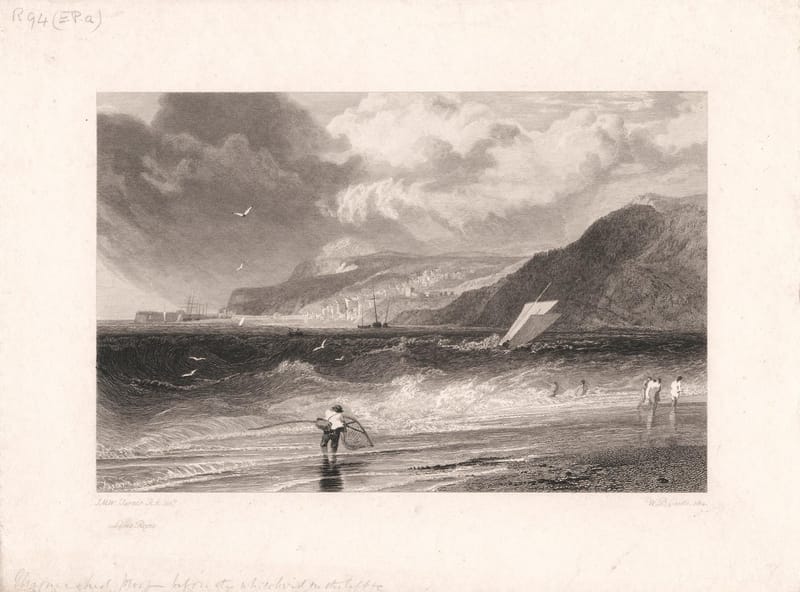 An engraving of waves rolling onto the beach at Lyme Regis, with fishermen in the surf and the cliffs beyond.
