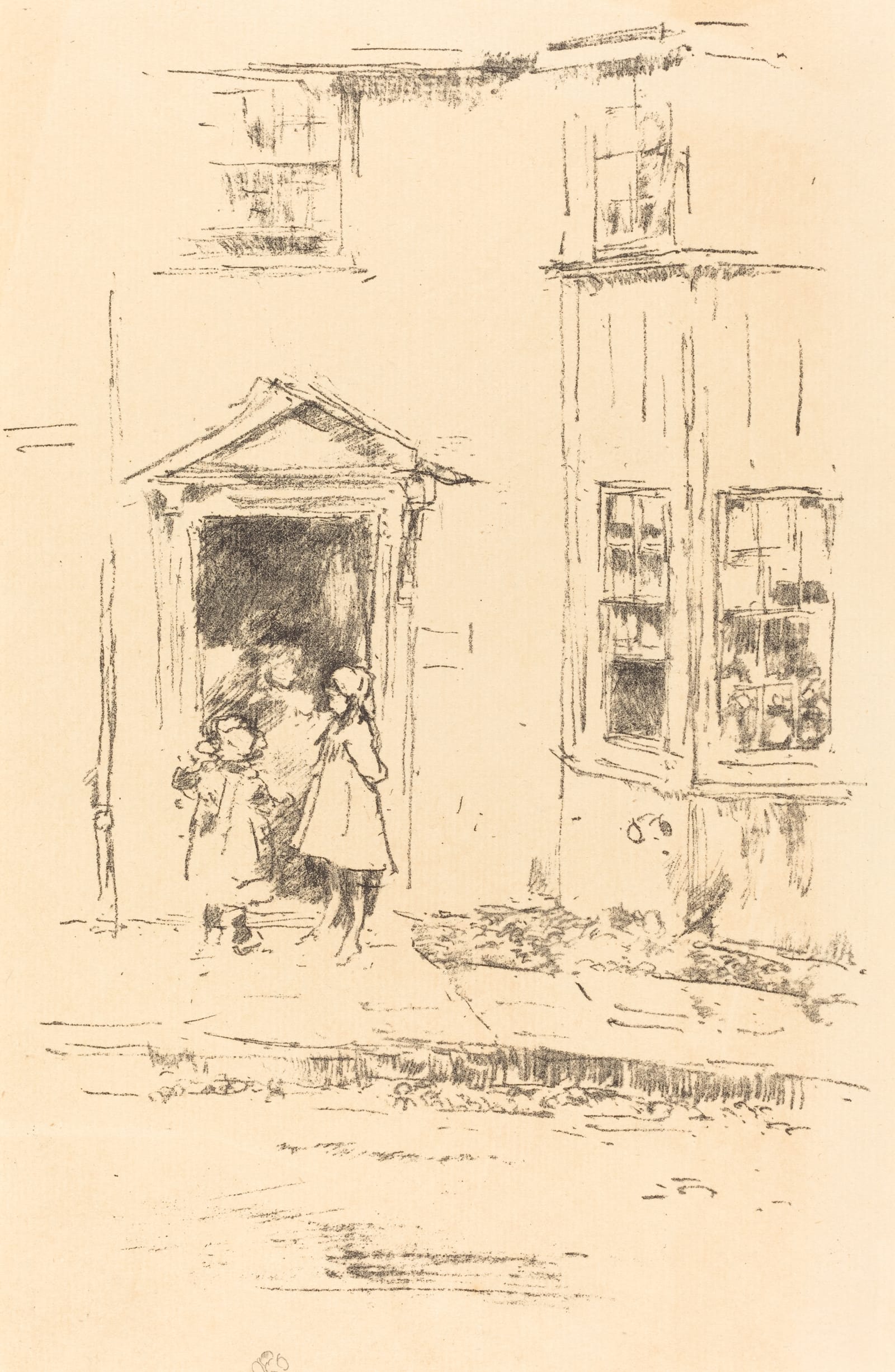 A lithograph of children standing in a shop doorway with windows beside it.