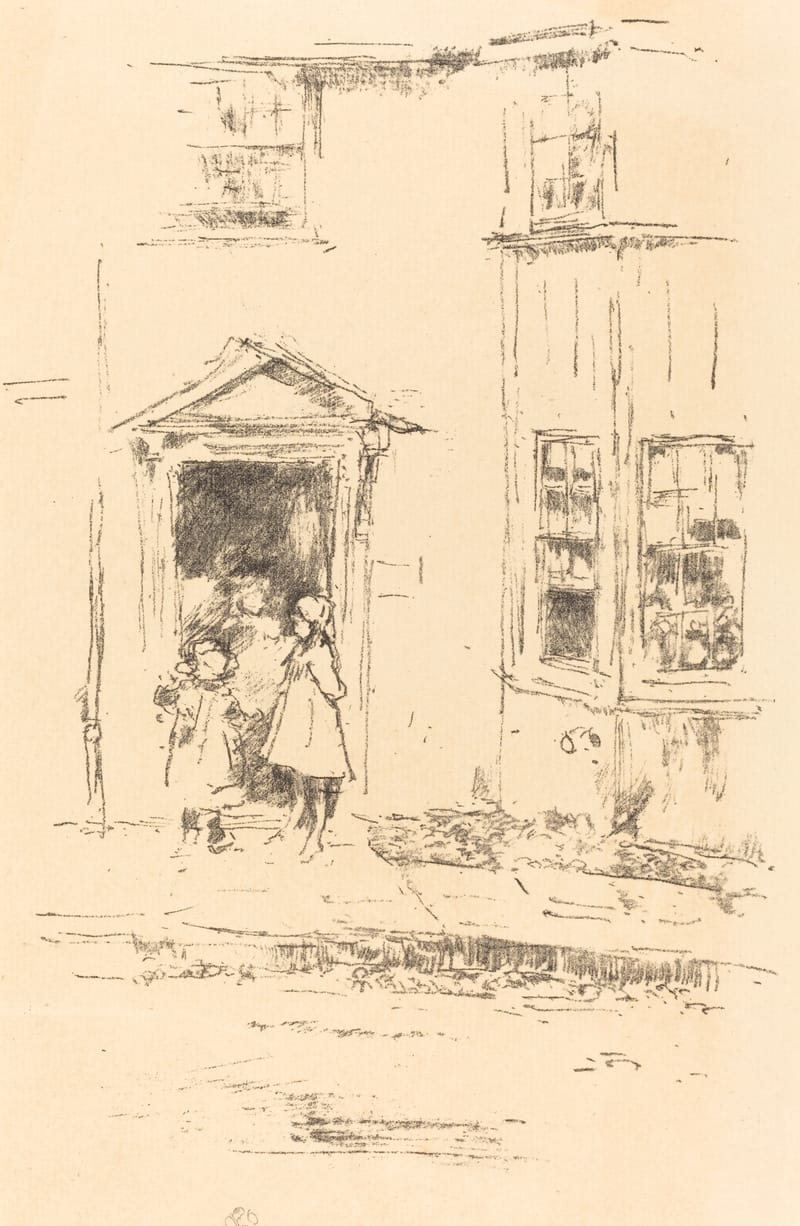 A lithograph of children standing in a shop doorway with windows beside it.