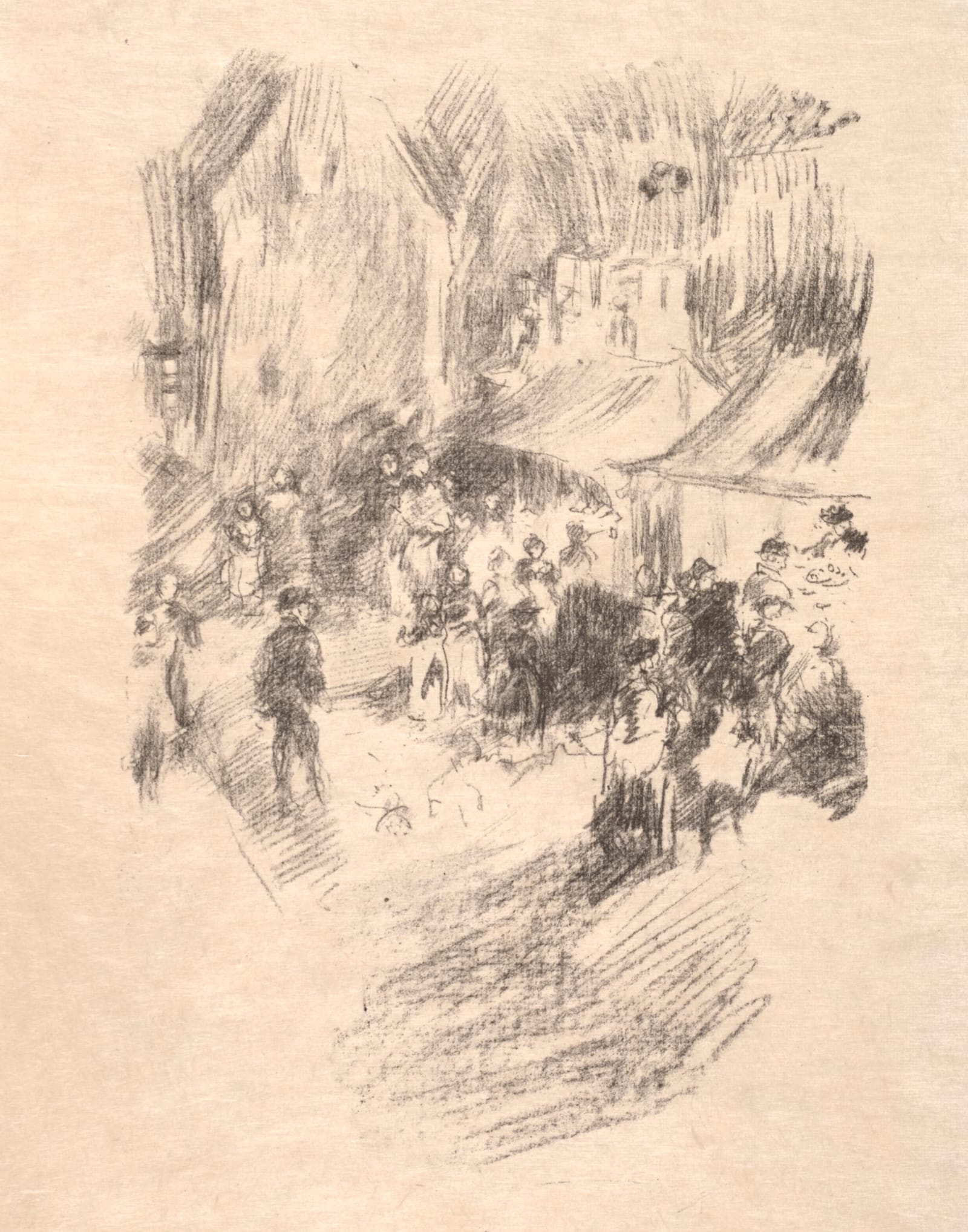 A loose lithograph of a crowd gathered at a fair in a street.