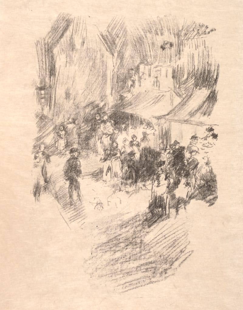 A loose lithograph of a crowd gathered at a fair in a street.
