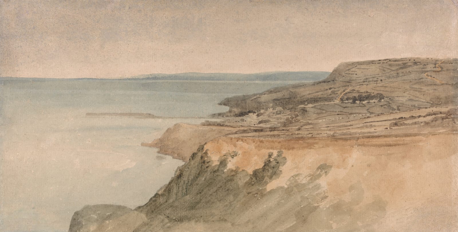 A soft watercolour of the cliffs above Lyme Regis running down to a calm sea.