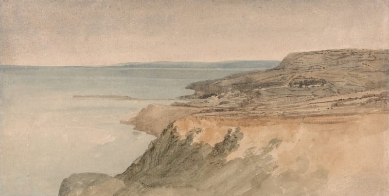 A soft watercolour of the cliffs above Lyme Regis running down to a calm sea.