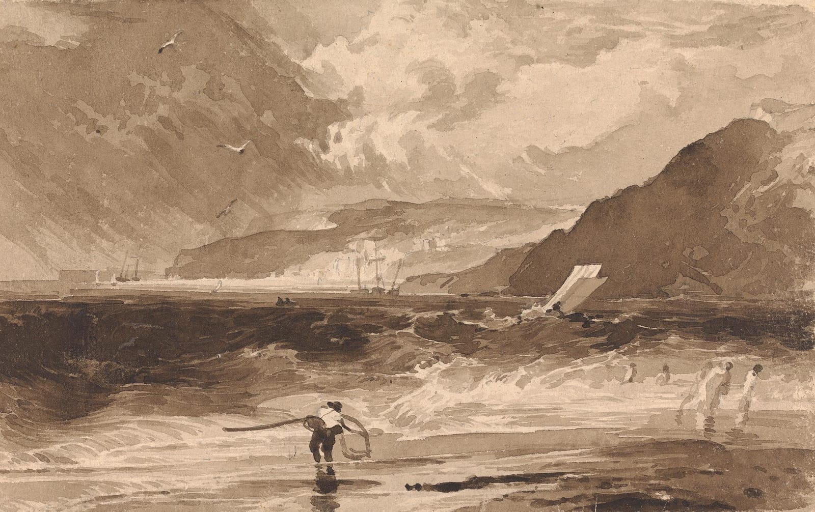 A brown wash drawing of a squall coming in over the sea, with a figure on the beach and dark cliffs.