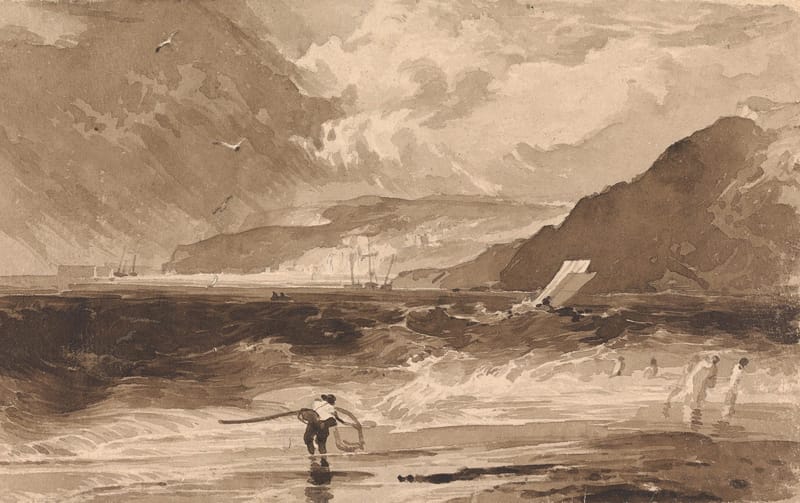A brown wash drawing of a squall coming in over the sea, with a figure on the beach and dark cliffs.
