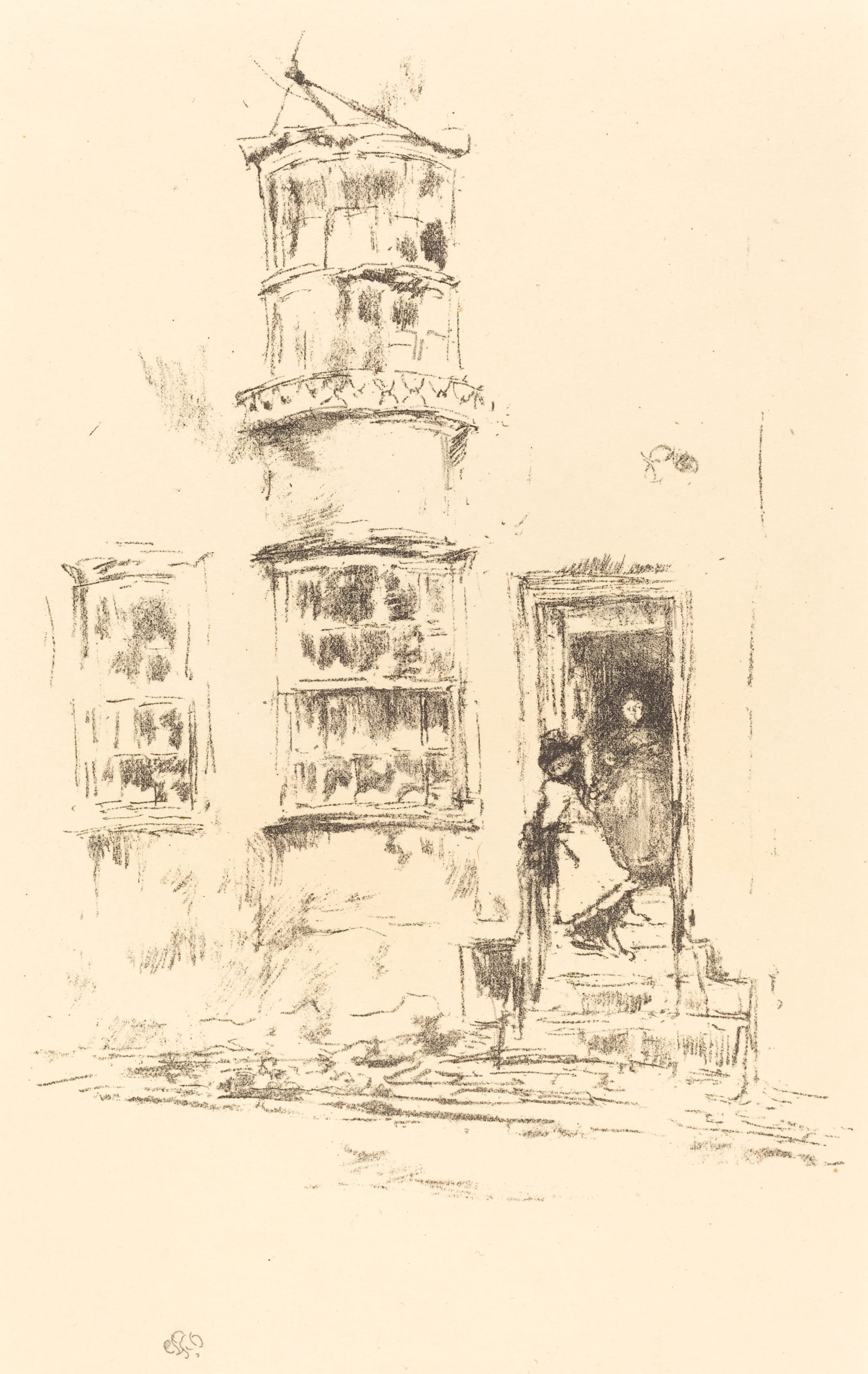 A lithograph of a tall narrow house with bay windows and a figure on the steps at its door.