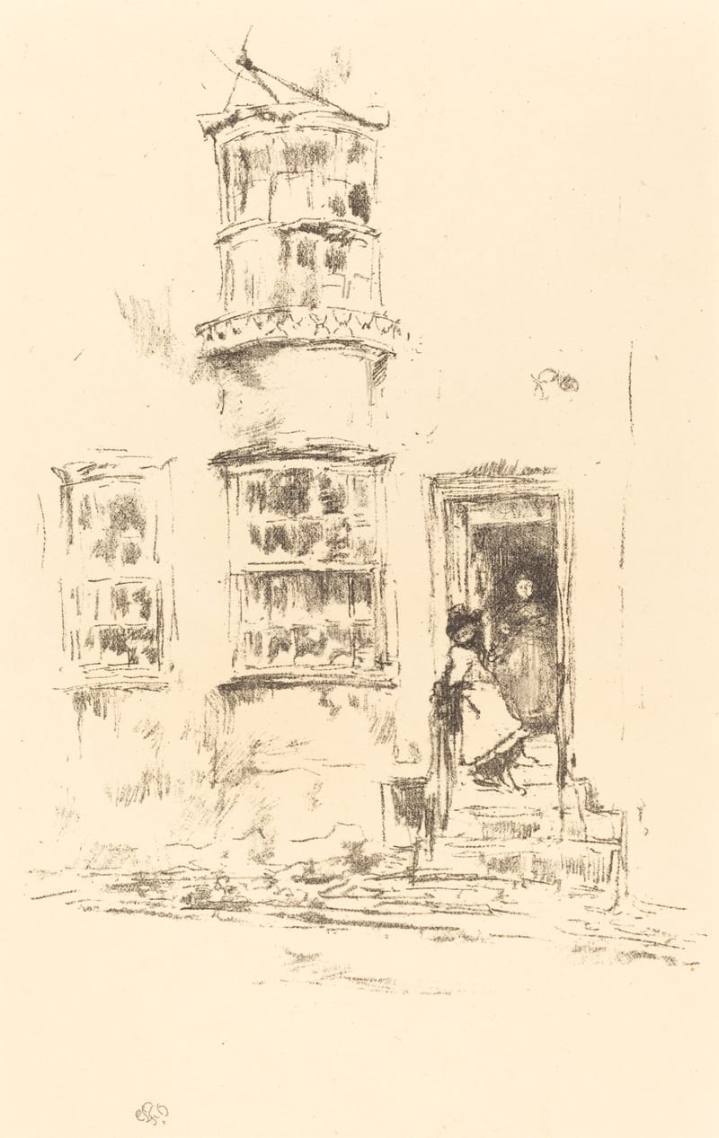A lithograph of a tall narrow house with bay windows and a figure on the steps at its door.