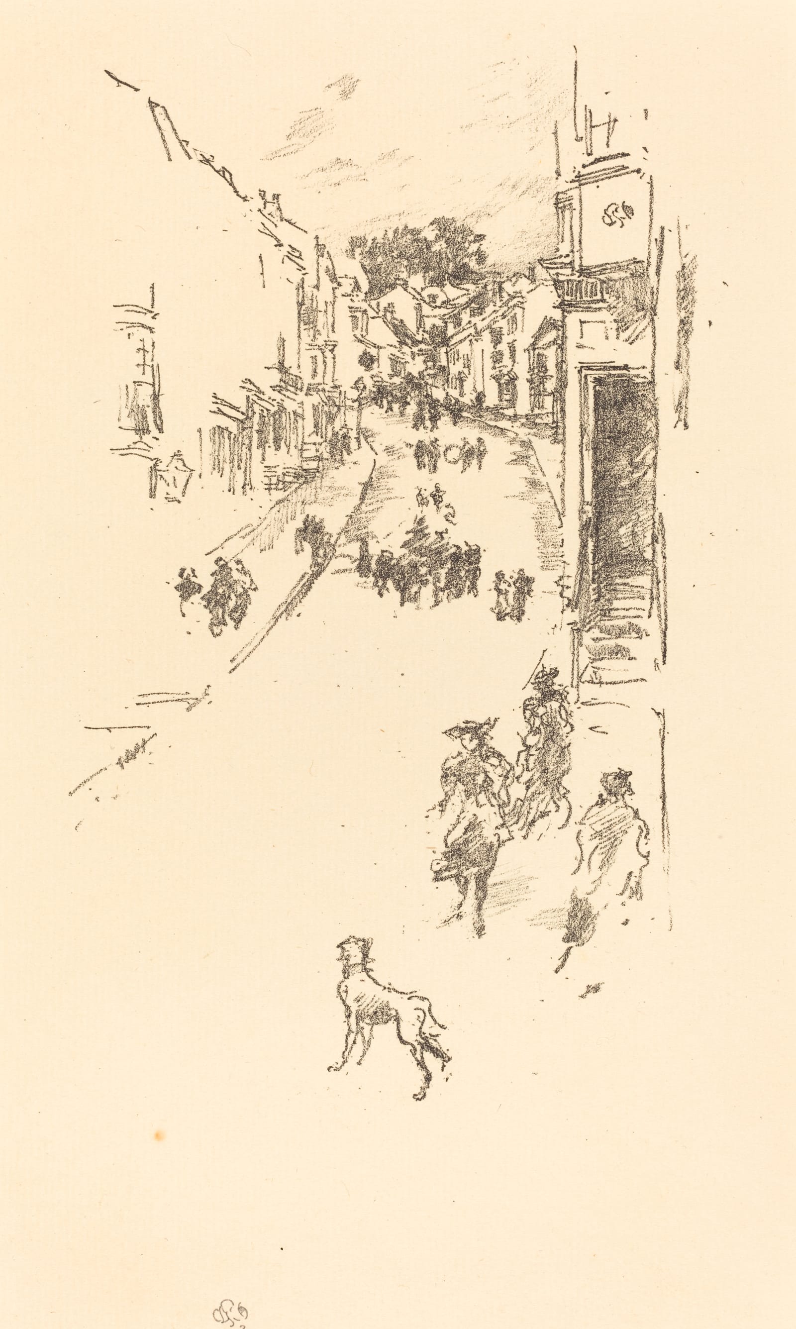 A light lithograph of a street of tall houses, with people walking and a dog in the road.