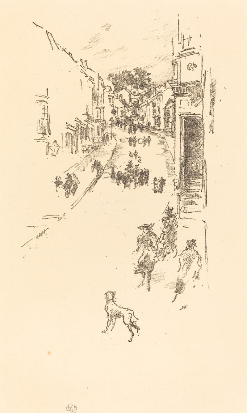 A light lithograph of a street of tall houses, with people walking and a dog in the road.
