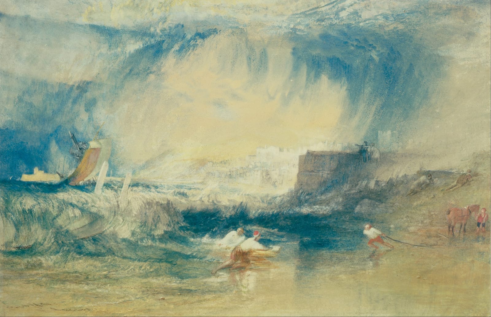 A storm over Lyme Regis, with a boat heeling in the waves, men hauling a rope on the shore by a horse, and the town pale beyond the harbour wall.