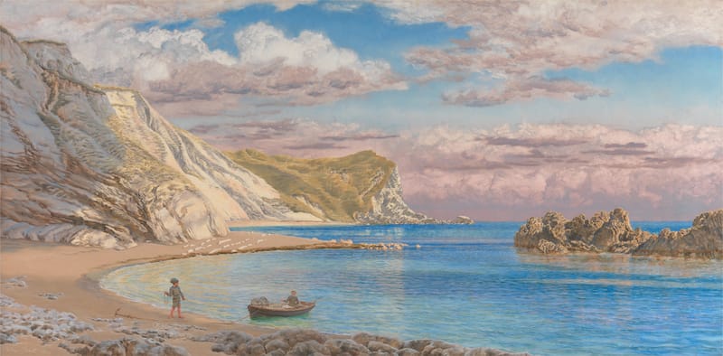 A curved beach under white chalk cliffs, with a boy on the shore, a man in a rowing boat on blue water and rocks standing out to sea under pink clouds.