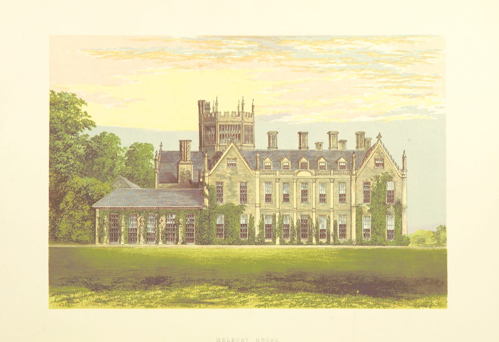 Melbury House, a many-windowed mansion with a tower, behind a green lawn.